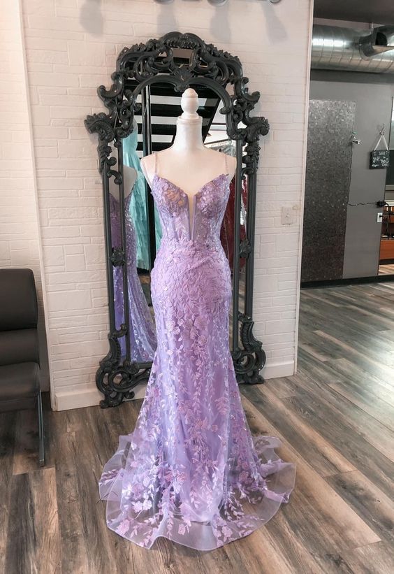 Charming Mermaid Long Straps Lace Lilac Long Prom Dress B455
