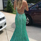 Charming Mermaid Long Straps Green Sequin Backless Prom Dress B458