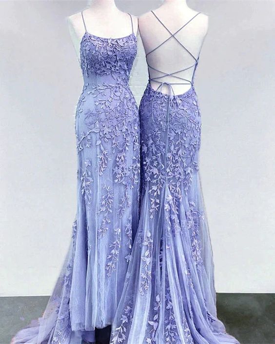Charming Mermaid Long Straps Lace Backless Prom Dress B459