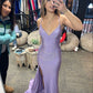Charming Mermaid Long Straps Slit Beads Backless Lilac Prom Dress B462