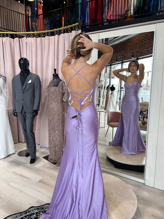 Charming Mermaid Long Straps Slit Beads Backless Lilac Prom Dress B462