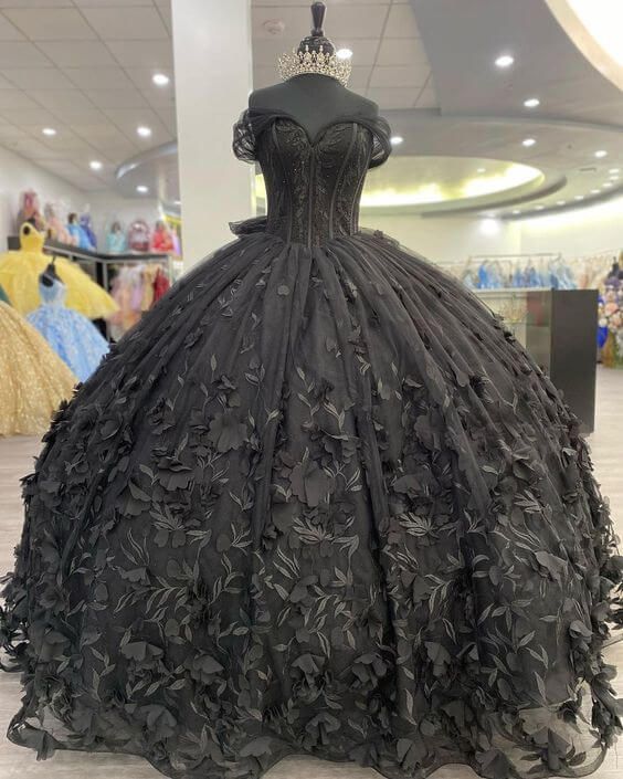 Charming Ball Gown Long Off The Shoulder Black Tulle Prom Dress B464