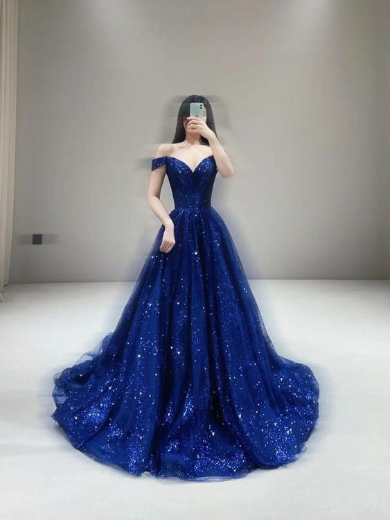 Charmante robe de bal longue à épaules dénudées robe de bal bleu royal B465
