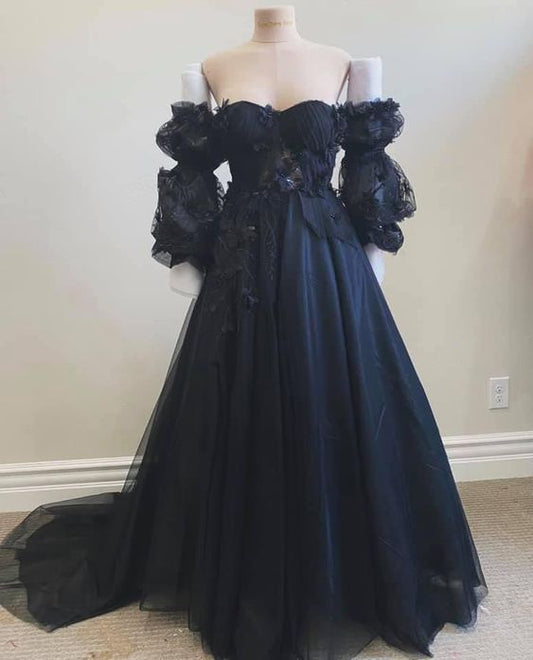 Robe de bal vintage manches longues robe de bal en tulle noir B467