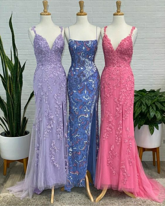 Modest Mermaid Straps Slit Long Lace Prom Dress B474