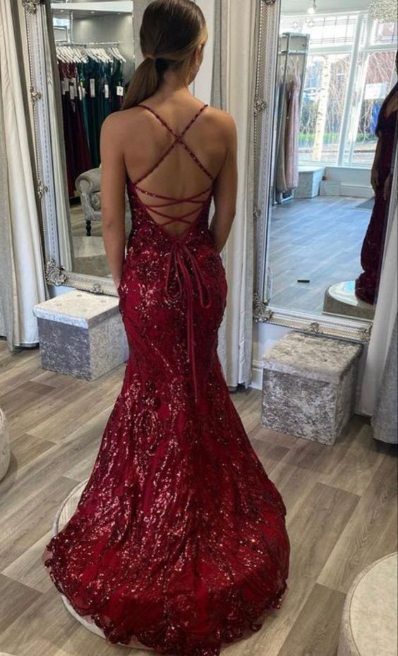 Elegant Mermaid Straps Backless Burgundy Sequin Long Prom Dress B477