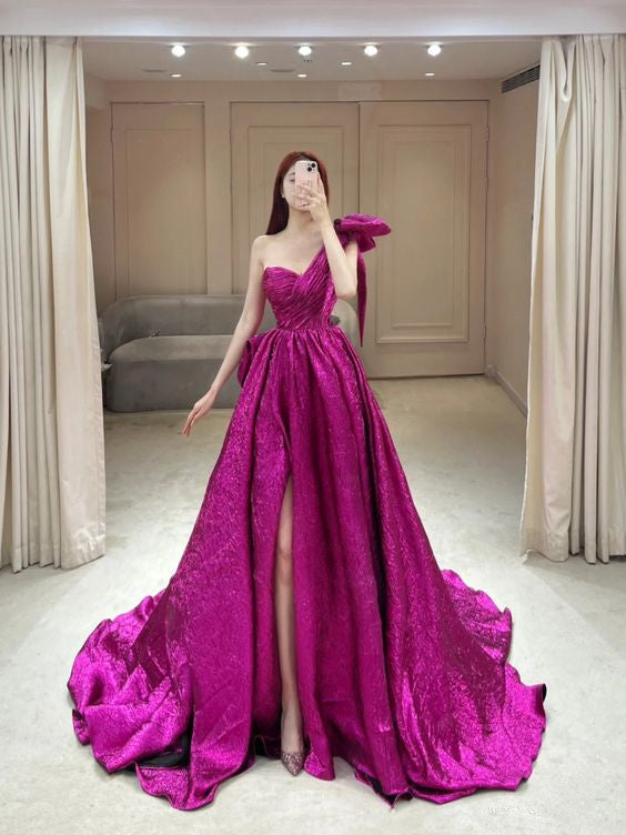 Elegant A Line One Shoulder Sleeveless Slit Long Prom Dress B479