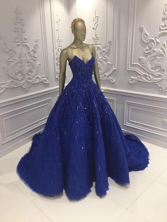 Elegant Ball Gown Strapless Sleeveless Royal Blue Sequin Long Prom Dress B483