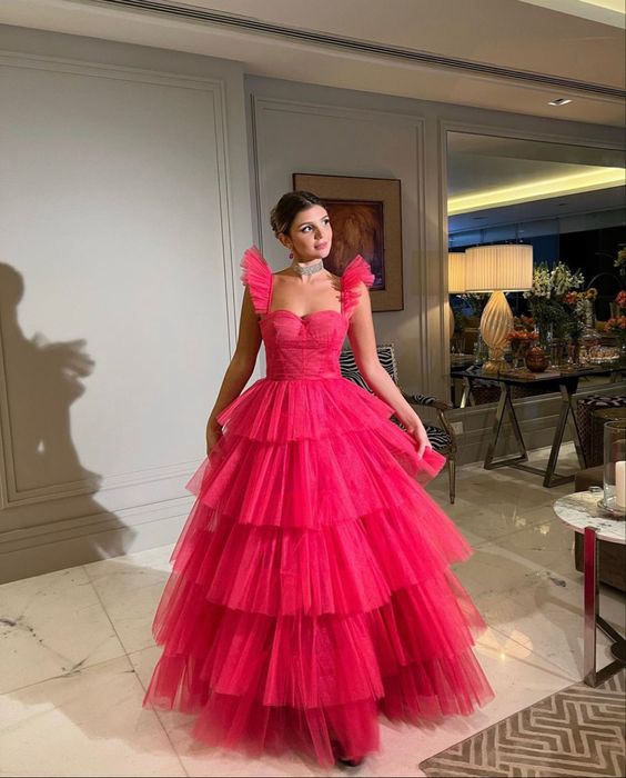 Elegant Ball Gown Straps Sleeveless Hot Pink Tulle Long Prom Dress B485