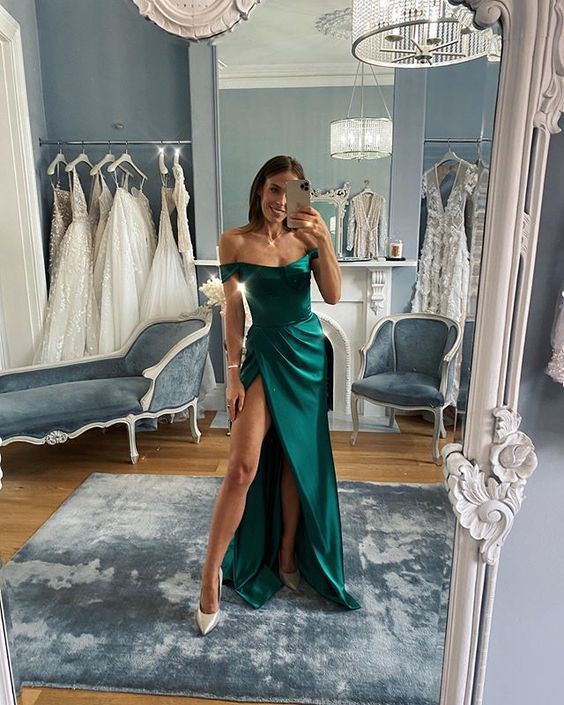 Elegant A line Off The Shoulder Slit Green Long Prom Dress B487