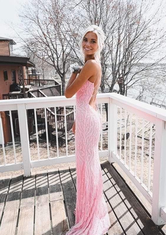 Elegant Mermaid Straps Sleeveless Sequin Pink Slit Long Prom Dress B491