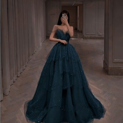 Elegant Ball Gown Straps Long Tulle Blue Prom Dress B492