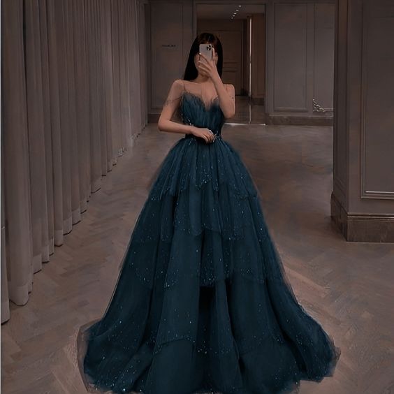 Elegant Ball Gown Straps Long Tulle Blue Prom Dress B492