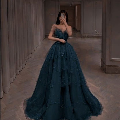 Robe de bal élégante à bretelles longue en tulle bleu robe de bal B492