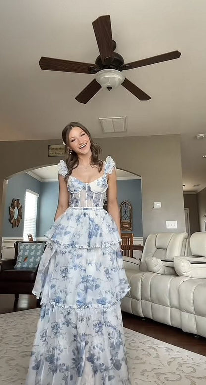 Elegant Ball Gown Straps Floral Blue Long Prom Dress B494