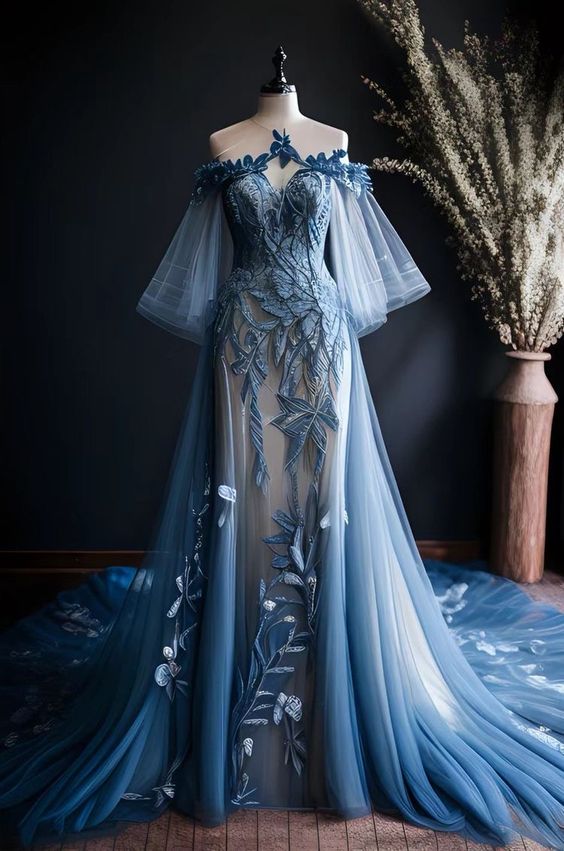 Robe de bal longue bleue élégante, ligne A, épaules dénudées, motif floral, B495