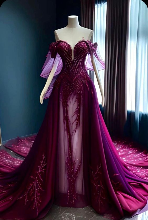 Elegant A line Off The Shoulder Tulle Burgundy Long Prom Dress B497