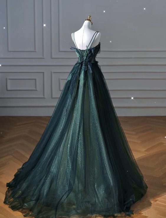 Elegant A line Dark Green Tulle Long Prom Dress B498