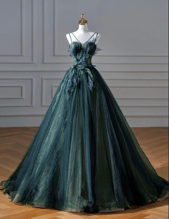Elegant A line Dark Green Tulle Long Prom Dress B498