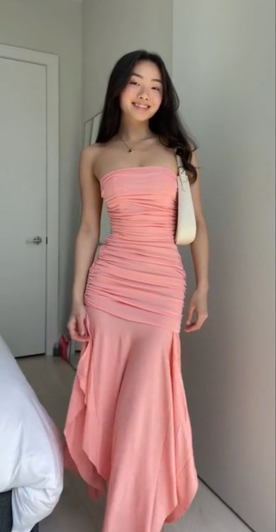Elegant Mermaid Strapless Pink Long Prom Dress B499