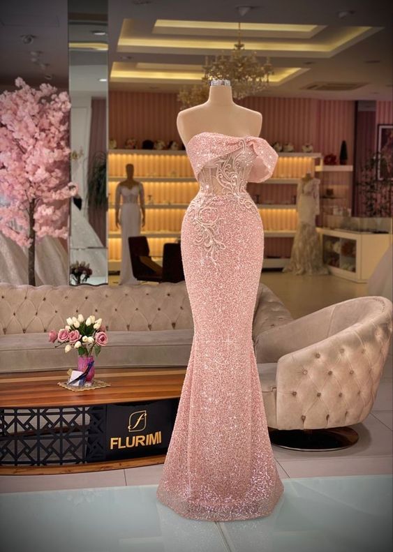 Elegant Mermaid Strapless Pink Sequin Long Prom Dress B500