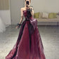 Elegant Ball Gown Strapless Burgundy Organza Long Prom Dress B503