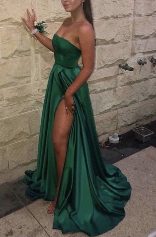 Simple A Line Strapless Dark Green Slit Long Prom Dress B510