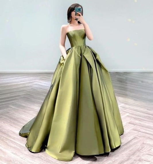 Simple Ball Gown Strapless Olive Green Satin Long Prom Dress B512