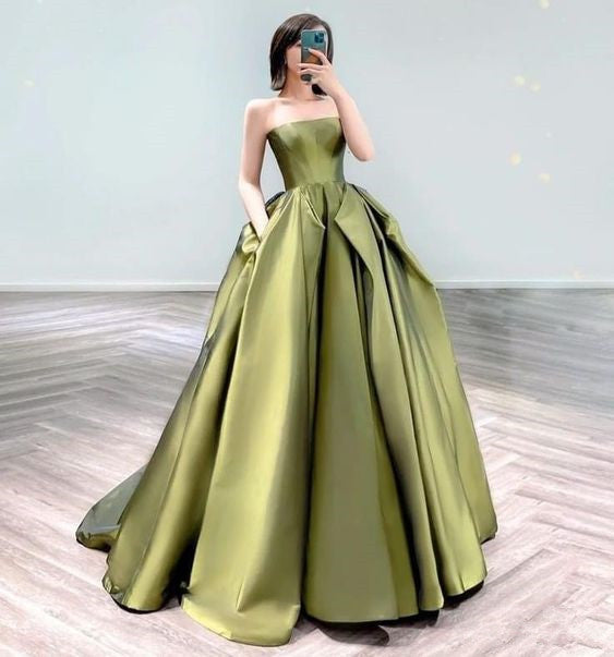 Charming Ball Gown Strapless Olive Green Long Prom Dress B517