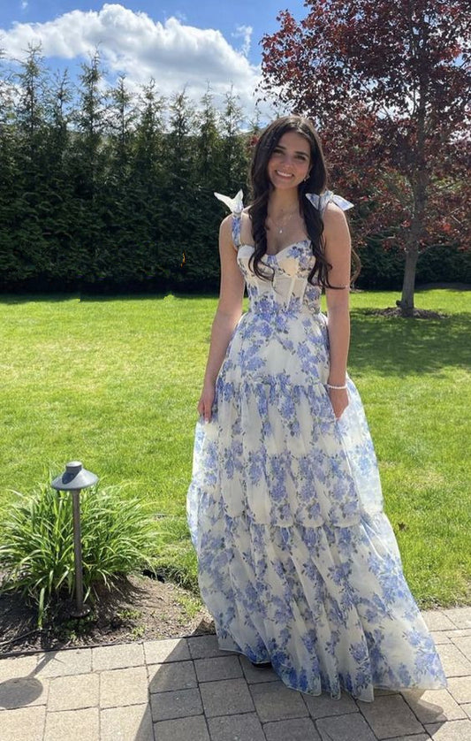 Charming A Line Straps Blue Floral Long Prom Dress B522