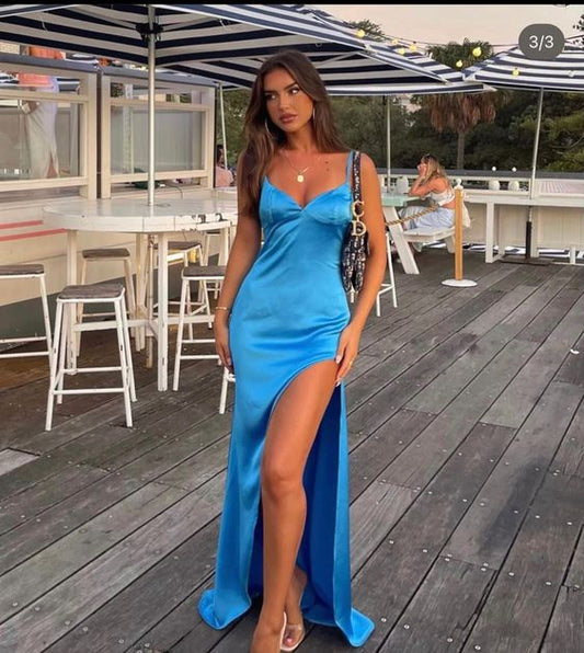 Charming A Line Straps Blue Long Slit Prom Dress B528