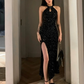 Charming Mermaid Halter Black Sequin Long Slit Prom Dress B531