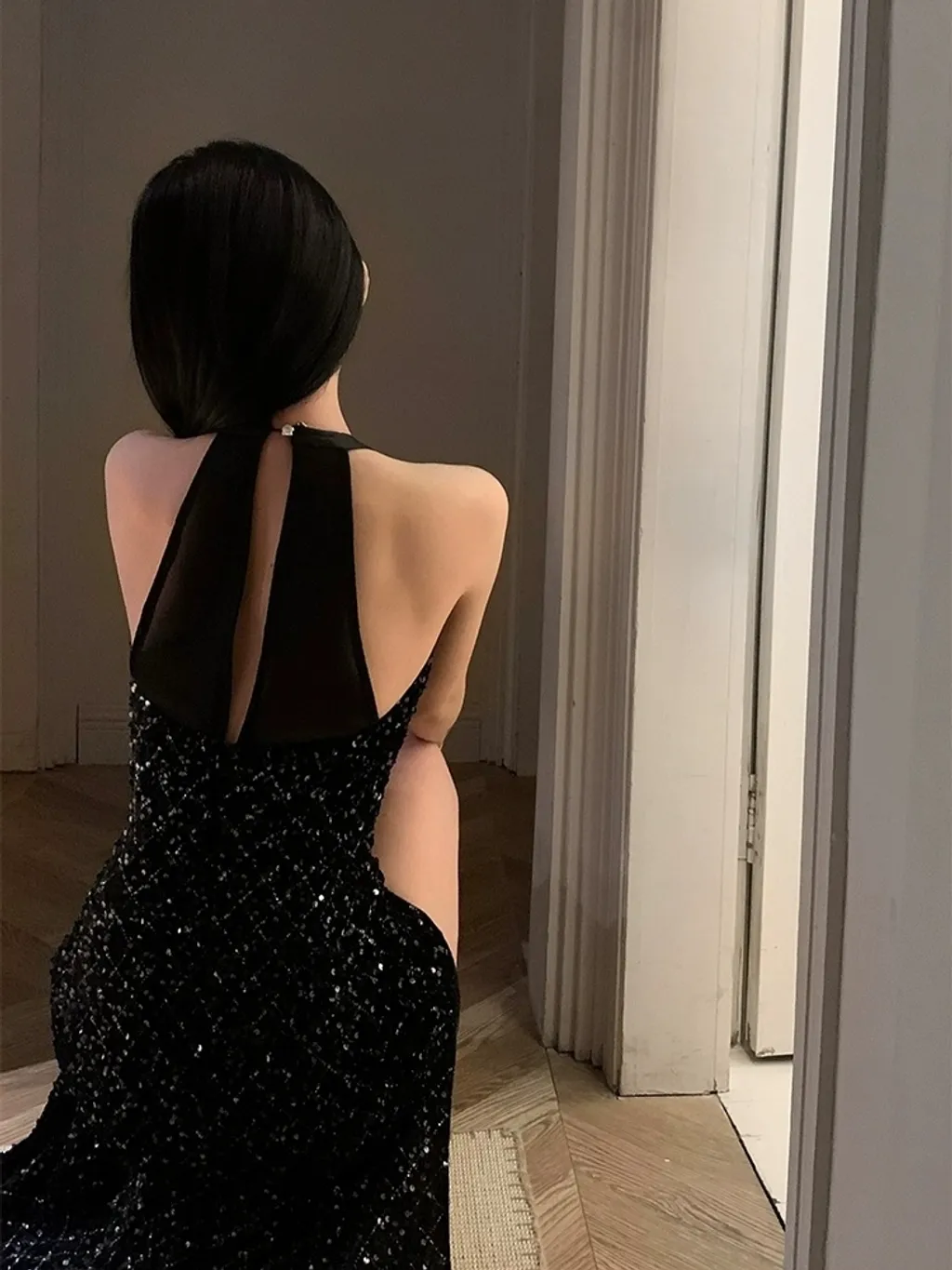 Charming Mermaid Halter Black Sequin Long Slit Prom Dress B531