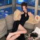 Charming Mermaid Halter Black Sequin Long Slit Prom Dress B531