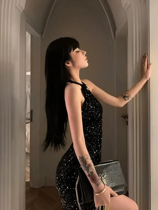 Charming Mermaid Halter Black Sequin Long Slit Prom Dress B531