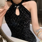 Charming Mermaid Halter Black Sequin Long Slit Prom Dress B531