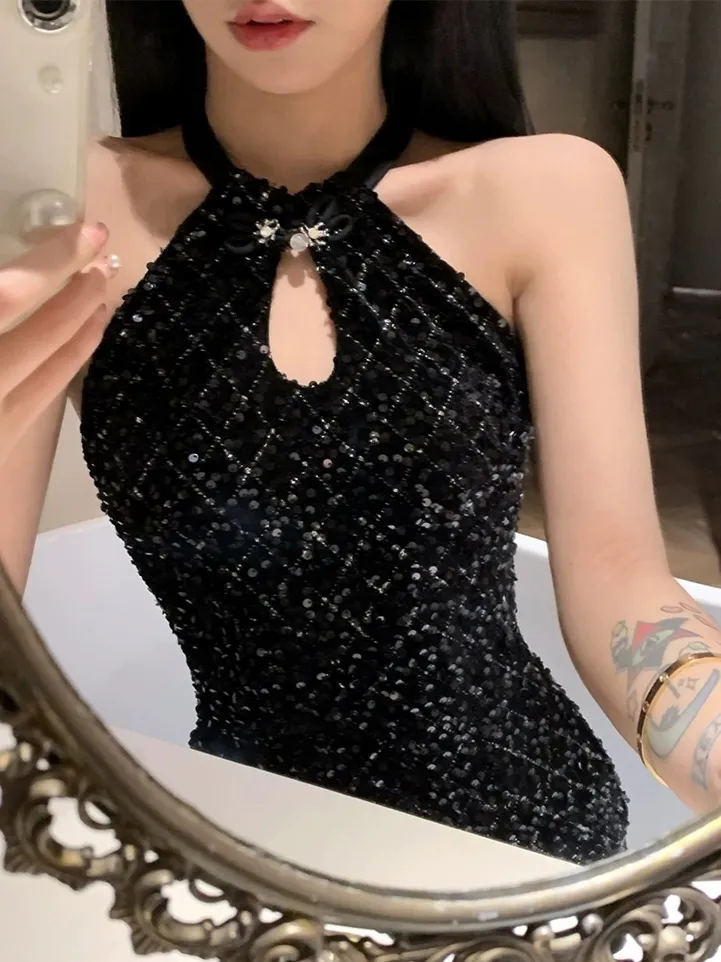 Charming Mermaid Halter Black Sequin Long Slit Prom Dress B531
