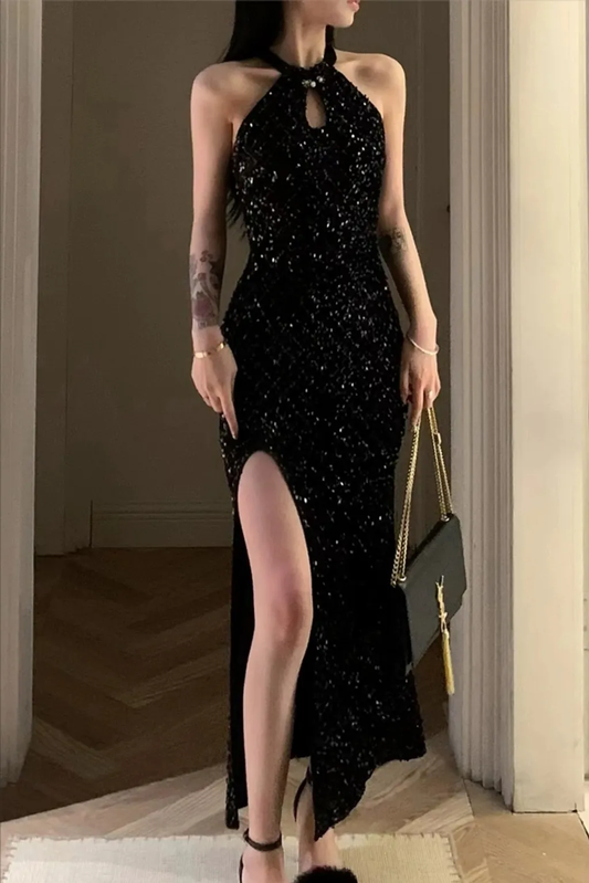 Charming Mermaid Halter Black Sequin Long Slit Prom Dress B531