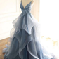 Charmante robe de bal à bretelles en dentelle bleu poussiéreux, longue robe de bal B535