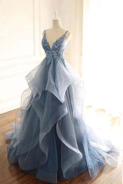 Charmante robe de bal à bretelles en dentelle bleu poussiéreux, longue robe de bal B535