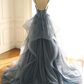 Charmante robe de bal à bretelles en dentelle bleu poussiéreux, longue robe de bal B535
