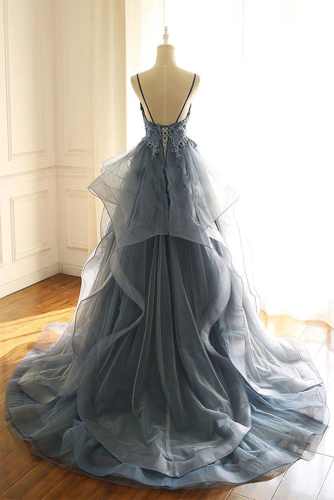 Charmante robe de bal à bretelles en dentelle bleu poussiéreux, longue robe de bal B535