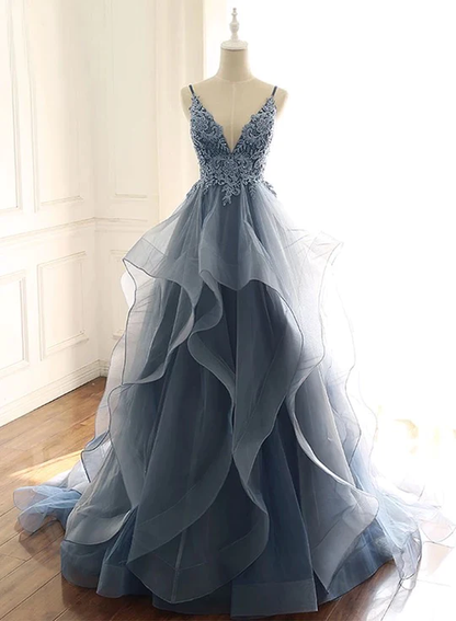 Charmante robe de bal à bretelles en dentelle bleu poussiéreux, longue robe de bal B535