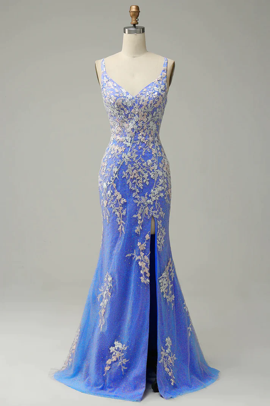 Charming Mermaid Straps Tulle Blue Lace Slit Long Prom Dress B541