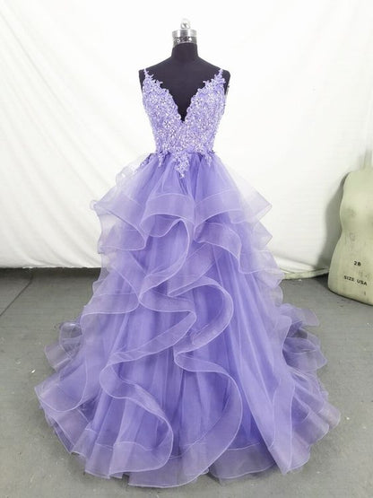 Charming Ball Gown Straps Long Lace Lilac Prom Dress B549