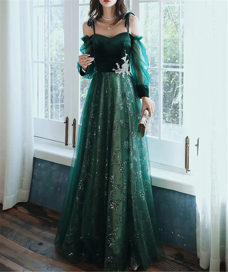 Simple A line Straps Long Sleeves Green Sequin Prom Dress B579