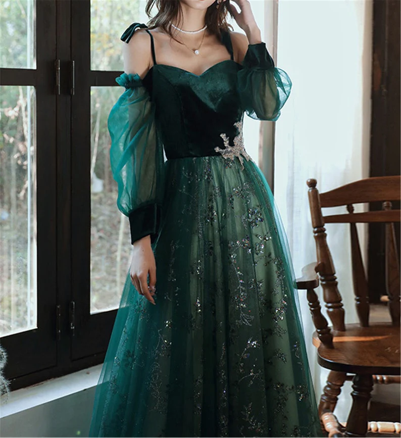 Simple A line Straps Long Sleeves Green Sequin Prom Dress B579