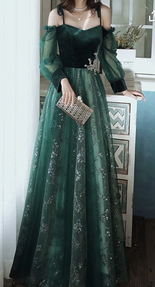 Simple A line Straps Long Sleeves Green Sequin Prom Dress B579