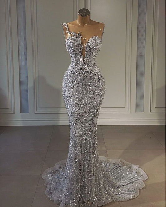 Sexy Mermaid Scoop Neckline Sequin Silver Prom Dress B583