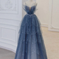 Vintage A line Straps Tulle Dusty Blue Long Prom Dress B589